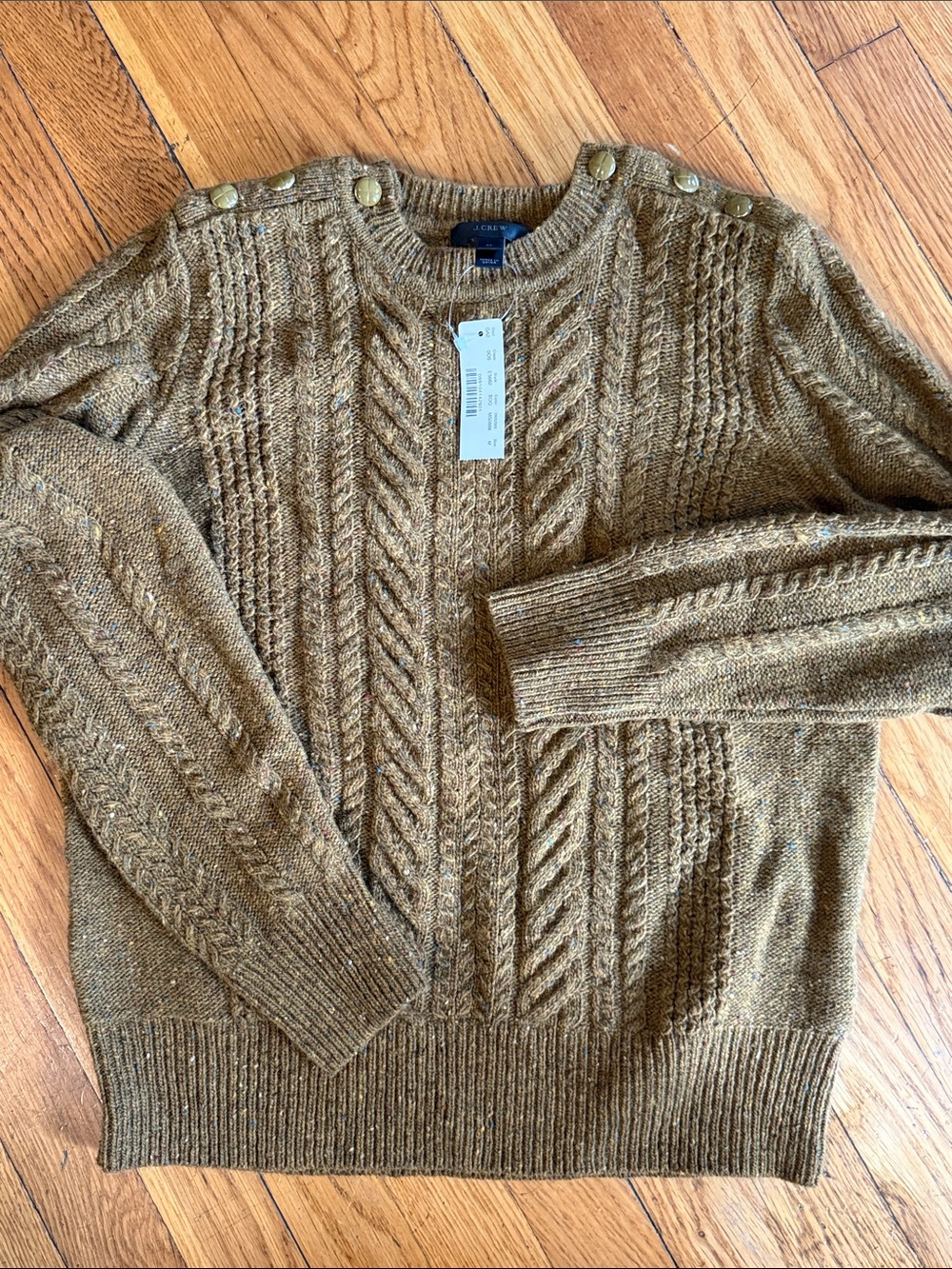 NWT j. Crew Cable-Knit Crewneck speckled sweater in Olive Brown Shoulder Button